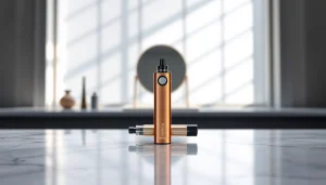 Showcasing the Muha Meds 2g vape pen with sleek design and vibrant colors against a marble background.