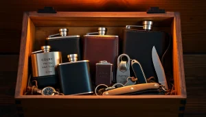 Showcase cheap groomsmen gifts including personalized flasks and keychains in a beautifully arranged setting.