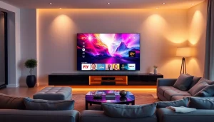 Watch IPTV Suisse visually appealing content in a cozy living room setting with modern decor.