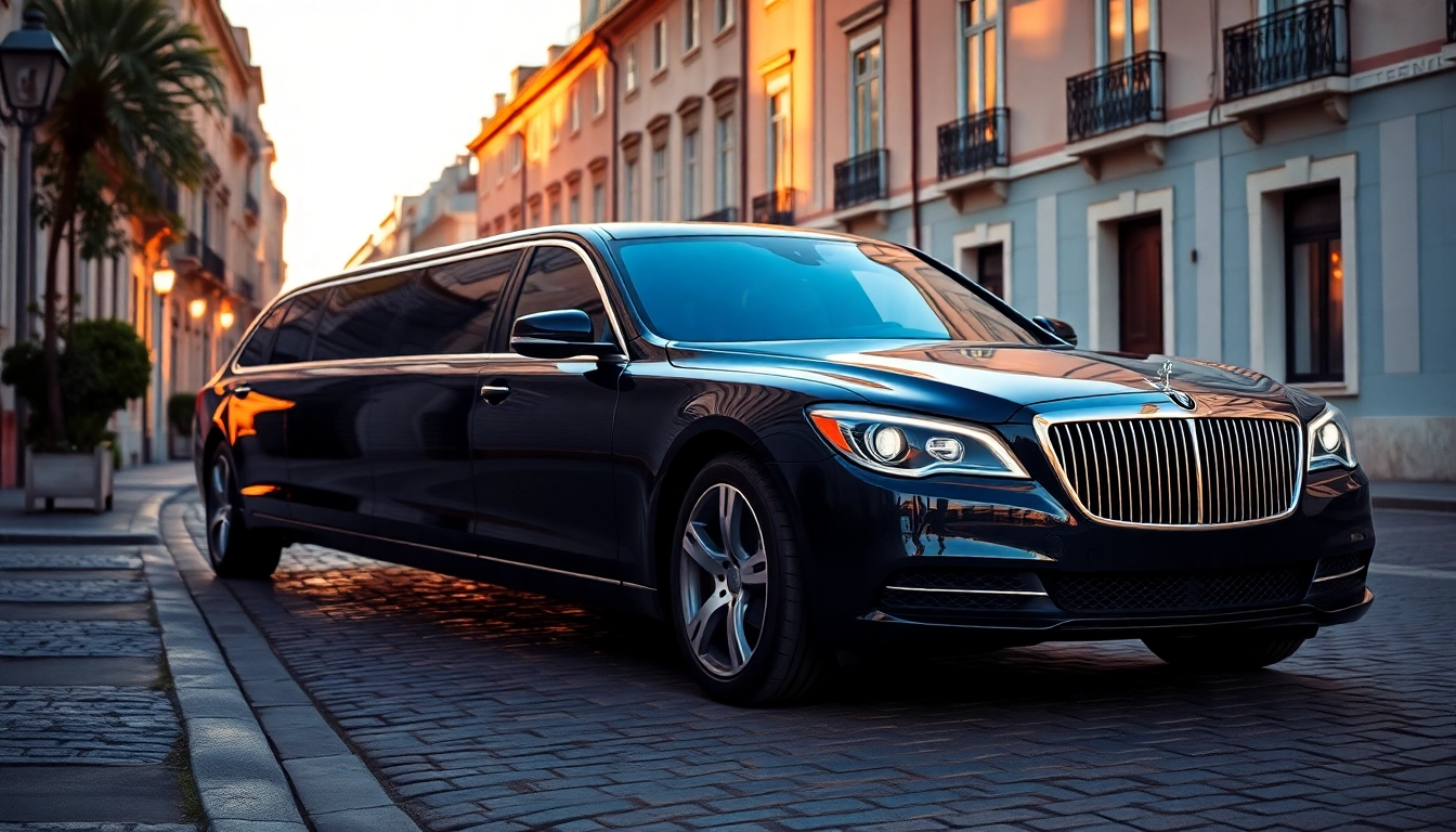 Luxury hire chauffeur Lisbon: A sleek black limousine awaits in a charming Lisbon setting.