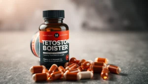 Testosteron-Booster capsules laid out beside a supplement bottle, highlighting health benefits.