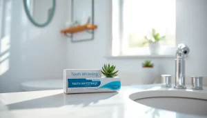 Brightly designed teeth whitening kit on a bathroom counter, showcasing cleanliness and modern appeal.