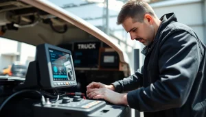 Technician performing mobile truck diagnostics and repair using advanced tools.