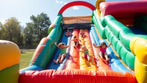 Exciting slide rental for events, showing children enjoying a colorful inflatable slide.