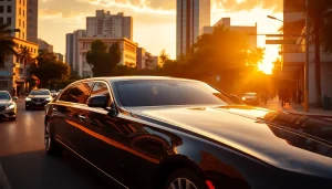 Experience luxury driver hire Sao Paulo with a sleek limousine against a vibrant city backdrop.