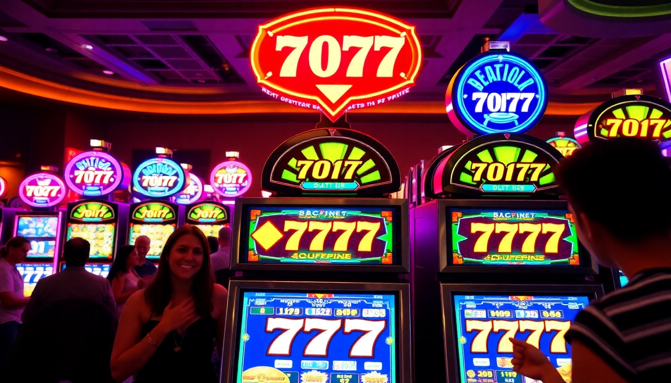 Joyful players enjoying สล็อต777 slot games in a vibrant casino setting, showcasing excitement and big wins.