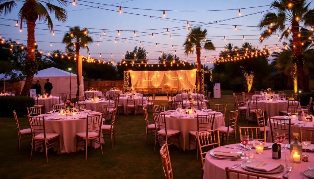 Set of beautifully arranged tables and chairs for rent at an outdoor event, enhancing the ambiance.