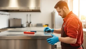 Performing prep table repair by a technician in a professional kitchen, emphasizing quality service.