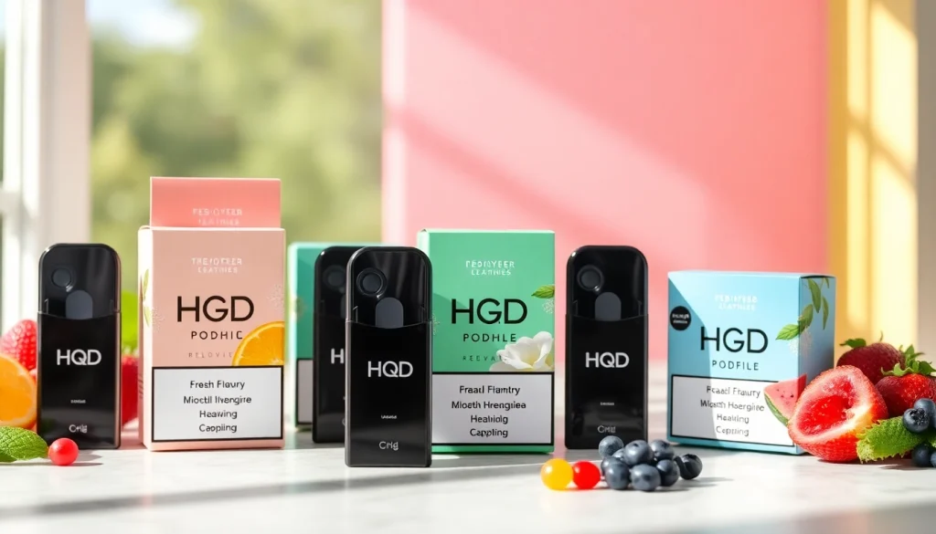 Showcasing HQD Pods in vibrant flavors with elegant packaging on display.