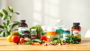 Showcase multiple dietary supplements arranged attractively on a wooden table, highlighting their vibrant colors for healthy living.