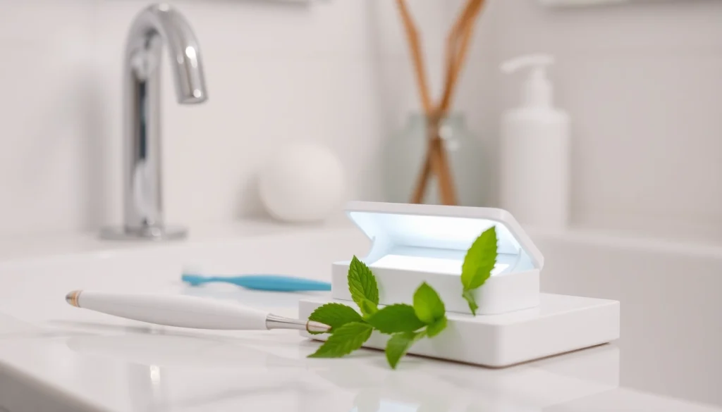 Teeth whitening kit displayed with mint leaves, highlighting its brightening effect.