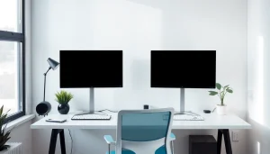 Dual monitor install showcasing a modern home office with ergonomic setup and natural lighting.