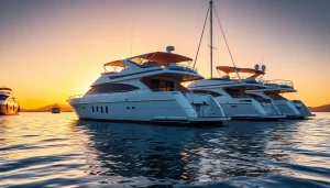 Cabin cruiser boats moored elegantly at sunset, showcasing beauty and serenity.