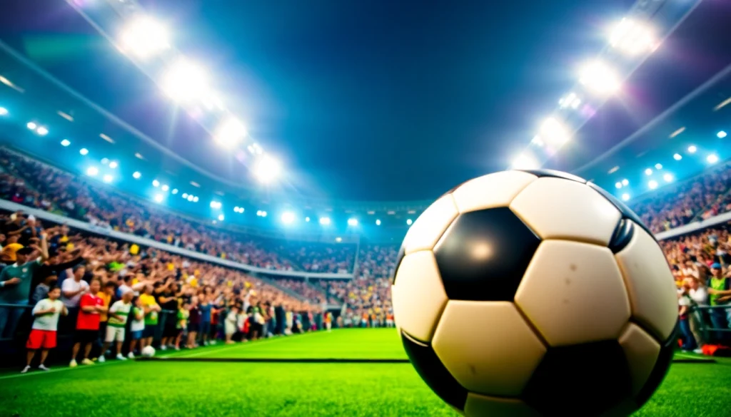 Watch live เว็บดูบอล capturing thrilling moments at a soccer stadium with fans cheering wildly.