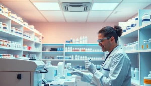 Pharmacist preparing customized medications in a Compounding Pharmacy with modern equipment and a professional atmosphere.