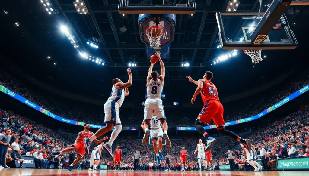 Experience thrilling NBA중계 action with players soaring high for a basketball shot under bright arena lights.