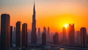 Experience the best of Dubai with a stunning sunset view of iconic skyscrapers, showcasing Burj Khalifa in golden light.