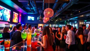 Guests enjoying a lively After Work Party with drinks and conversation in a stylish venue.