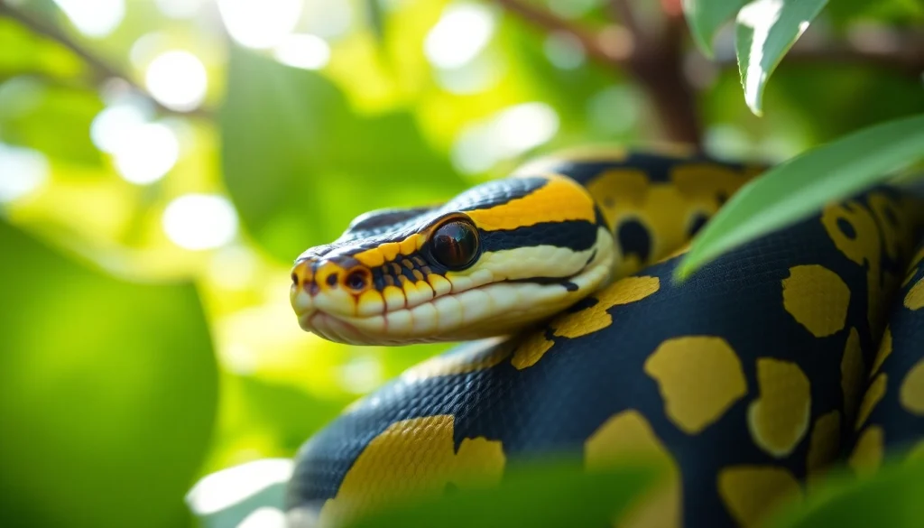 Explore a stunning Volta ball python for sale​ basking in natural light, showcasing its unique and vivid color patterns.