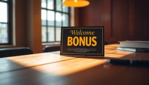 Claim your exciting welcome bonus with an eye-catching offer card displayed on a desk.