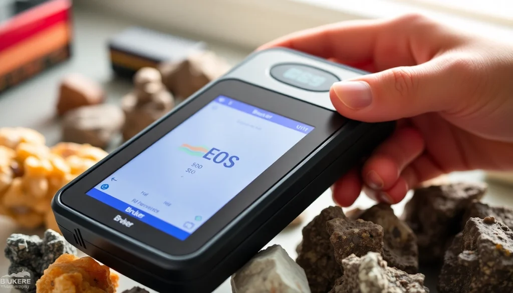 Demonstrating the Bruker EOS 500 Handheld LIBS Analyzer analyzing mineral samples in a professional setting.
