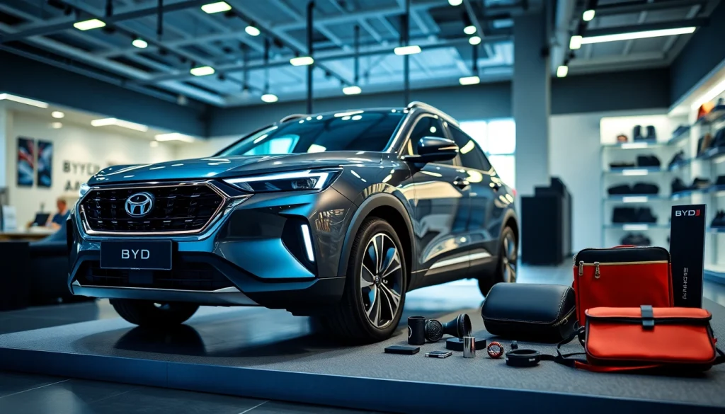 Discover exceptional byd car accessories displayed elegantly around a stylish BYD vehicle.