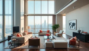Stylish luxury apartments Chicago showcasing modern design and city views through expansive windows.