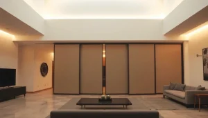 Visualize a sliding partition wall that divides a modern living space with style and functionality.