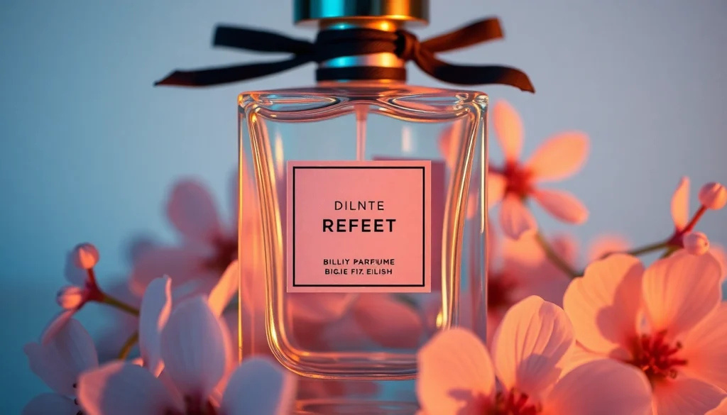 Billie Eilish perfume bottle styled with elegance and uniqueness, surrounded by floral elements.