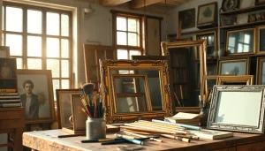 Showcasing ornate picture frames intricately designed, reflecting natural light in a vintage studio.