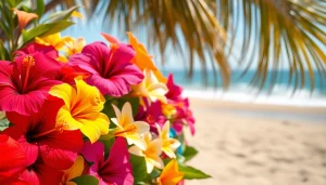 Bright and colorful Huntington Beach flowers bouquet on sandy shore backdrop.