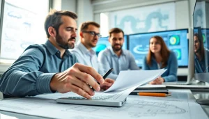 Analyze pipe stress solutions with a dedicated team in this engineering office environment.