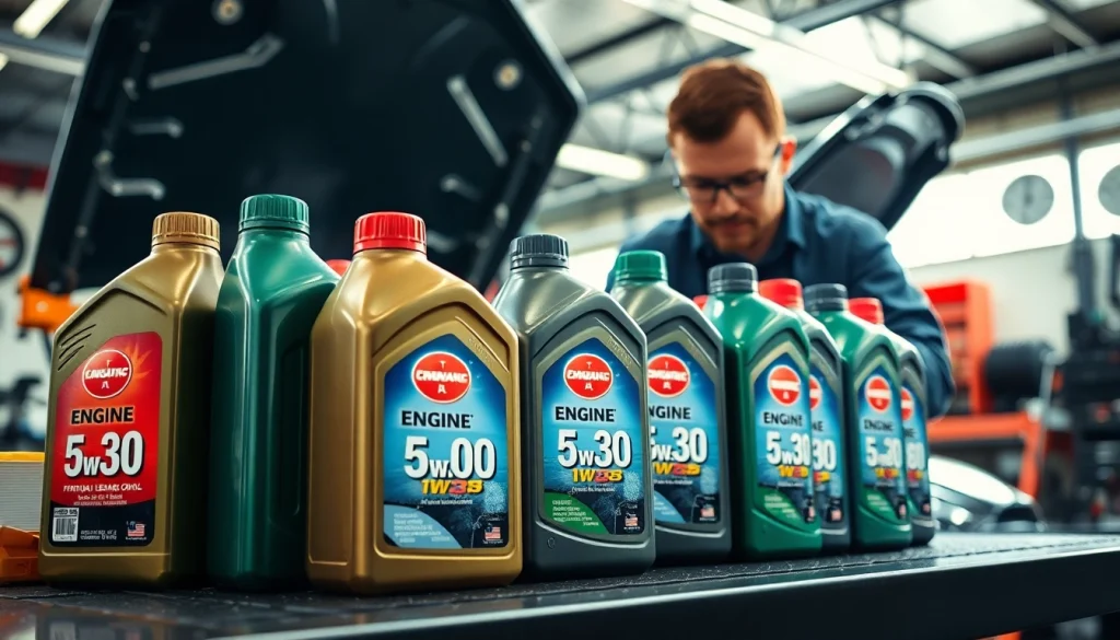 Highlighting various engine 5w30 oil options in a mechanic's workstation for optimal car maintenance.
