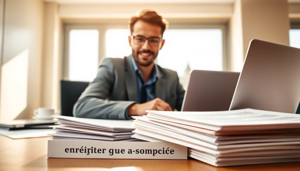 Enregistrer une société au Luxembourg avec un entrepreneur concentré à son bureau entouré de documents.