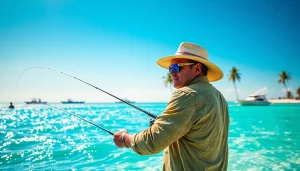 Engaging in saltwater fly fishing on a tropical beach with vibrant turquoise waters and palm trees.