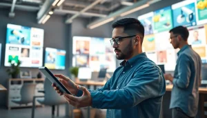 Showcase of AI design solutions in a modern graphic design studio environment.