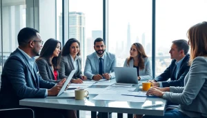 Engaged professionals discussing trademark registration in Dubai in a modern office.