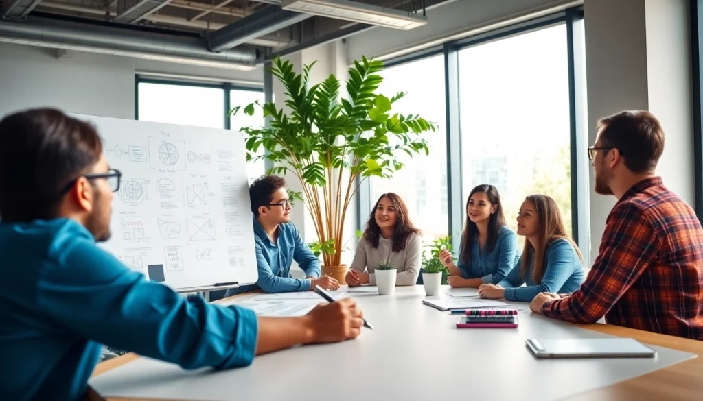 Creative team at a Content Agency collaborating in a vibrant workspace, showcasing teamwork.