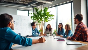 Creative team at a Content Agency collaborating in a vibrant workspace, showcasing teamwork.