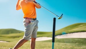 Golfer mastering their technique with a golf swing training aid on a sunny course.