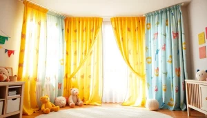 Bright kids room curtains complement a cheerful nursery decor with playful themes.