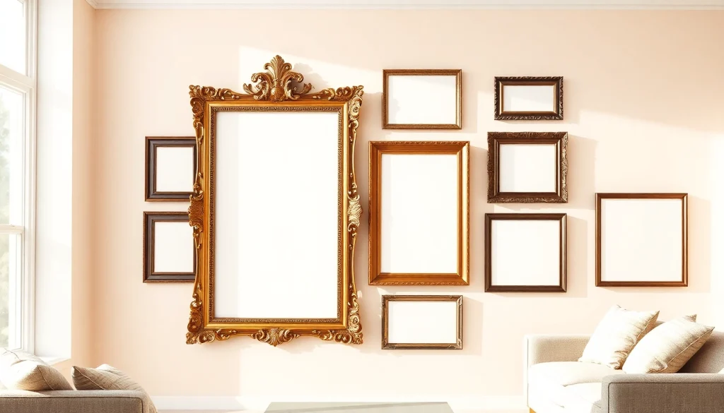 Showcasing ornate picture frames in an elegant living space, highlighting intricate designs and textures.