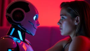 Engaging AI sex bot offering an intimate conversation in a cozy setting.