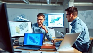 Piping stress analysis company engineers analyzing structural models in a modern office environment.