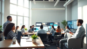 Social media agency team collaborating effectively in a modern workspace.