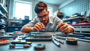 Riparazione iPhone Torino con un tecnico esperto al lavoro su un dispositivo in un negozio moderno