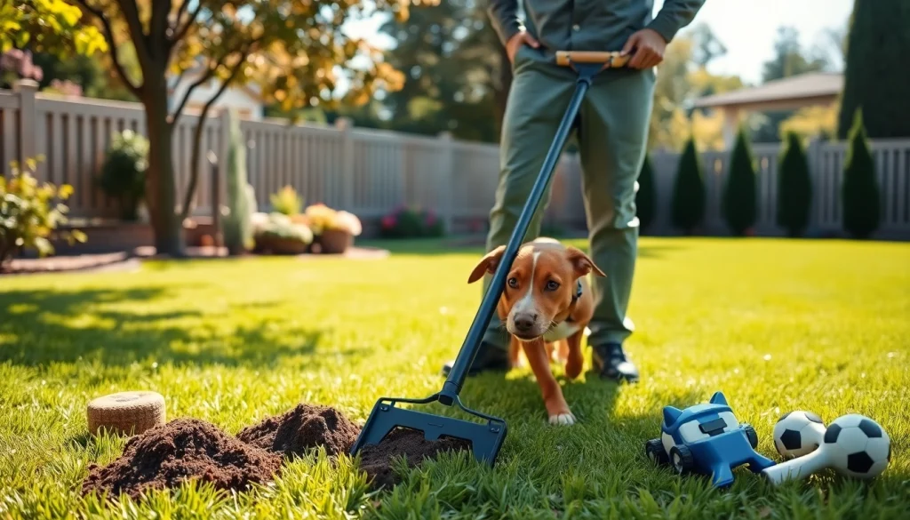 Dog owner diligently cleans up dog poop in a sunny backyard with a pooper scooper.