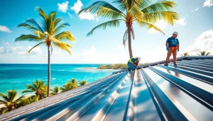Installing florida metal roofing panels with skilled workers against a scenic Florida backdrop.
