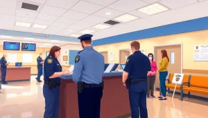 Access Anaheim Police Station inmate information with friendly officers assisting visitors in a welcoming environment.
