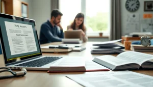 View of NVQ sample answers on a study desk with a laptop and open books.